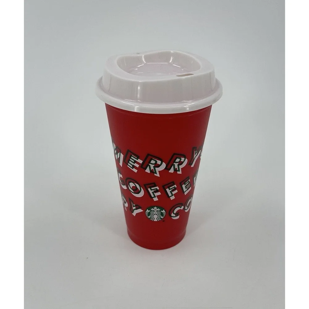 Starbucks Christmas Holiday Merry Coffee Reusable Hot Cup w Lid 2013 Red 16 oz